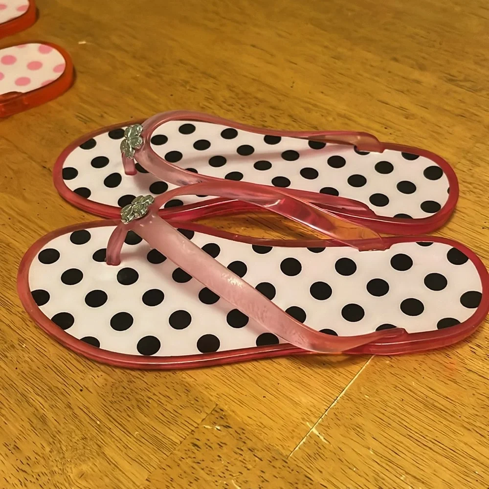 Girls Flip Flops size 1-2 Pink Black White Polka Dot Gem Flower Accent 2 Pair
